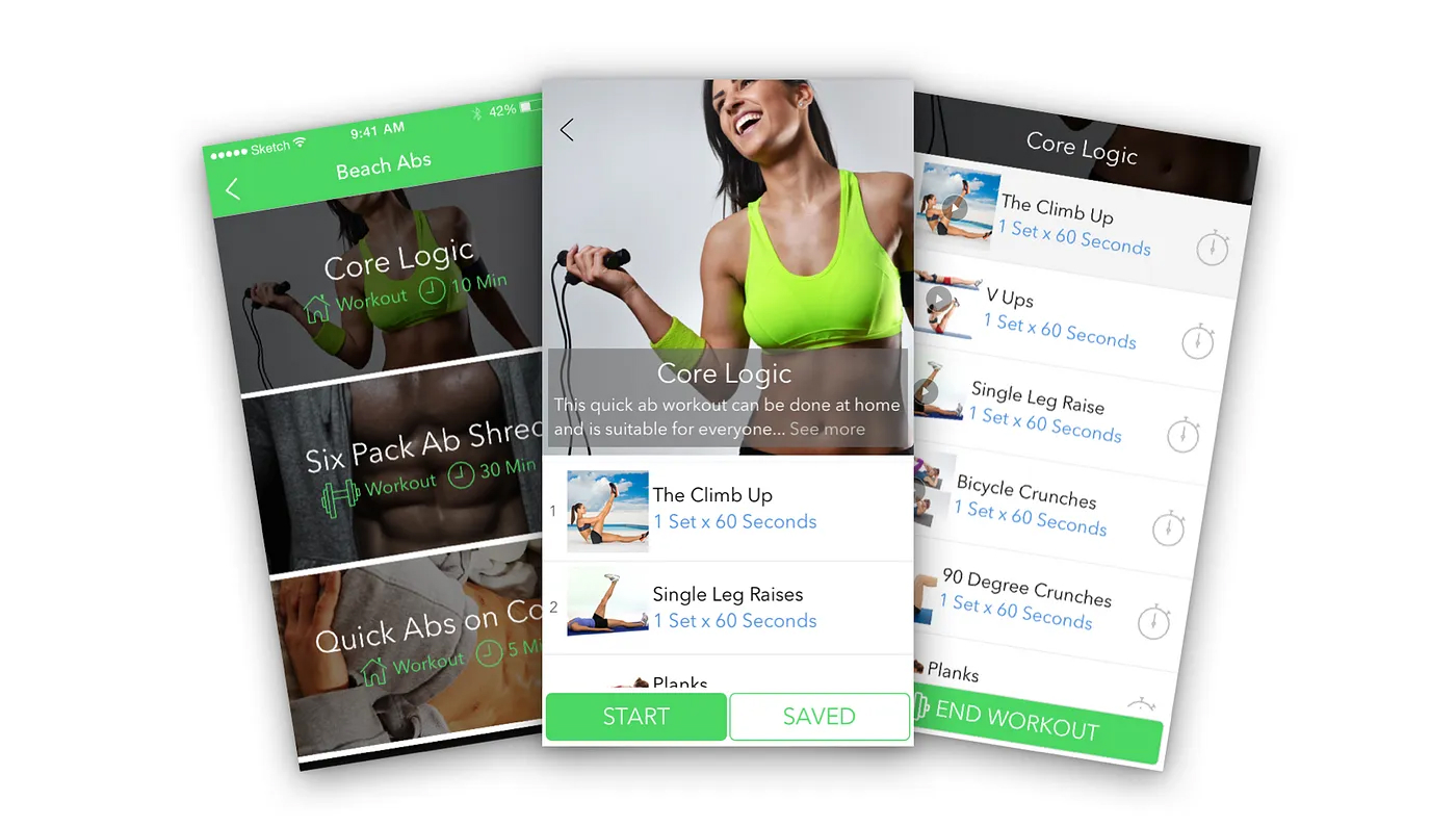 Flexter app interface showing workout programs and exercise details