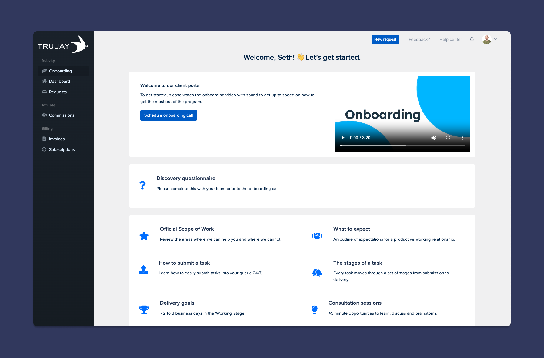 Portal onboarding screen showing streamlined welcome flow and touchpoint mapping