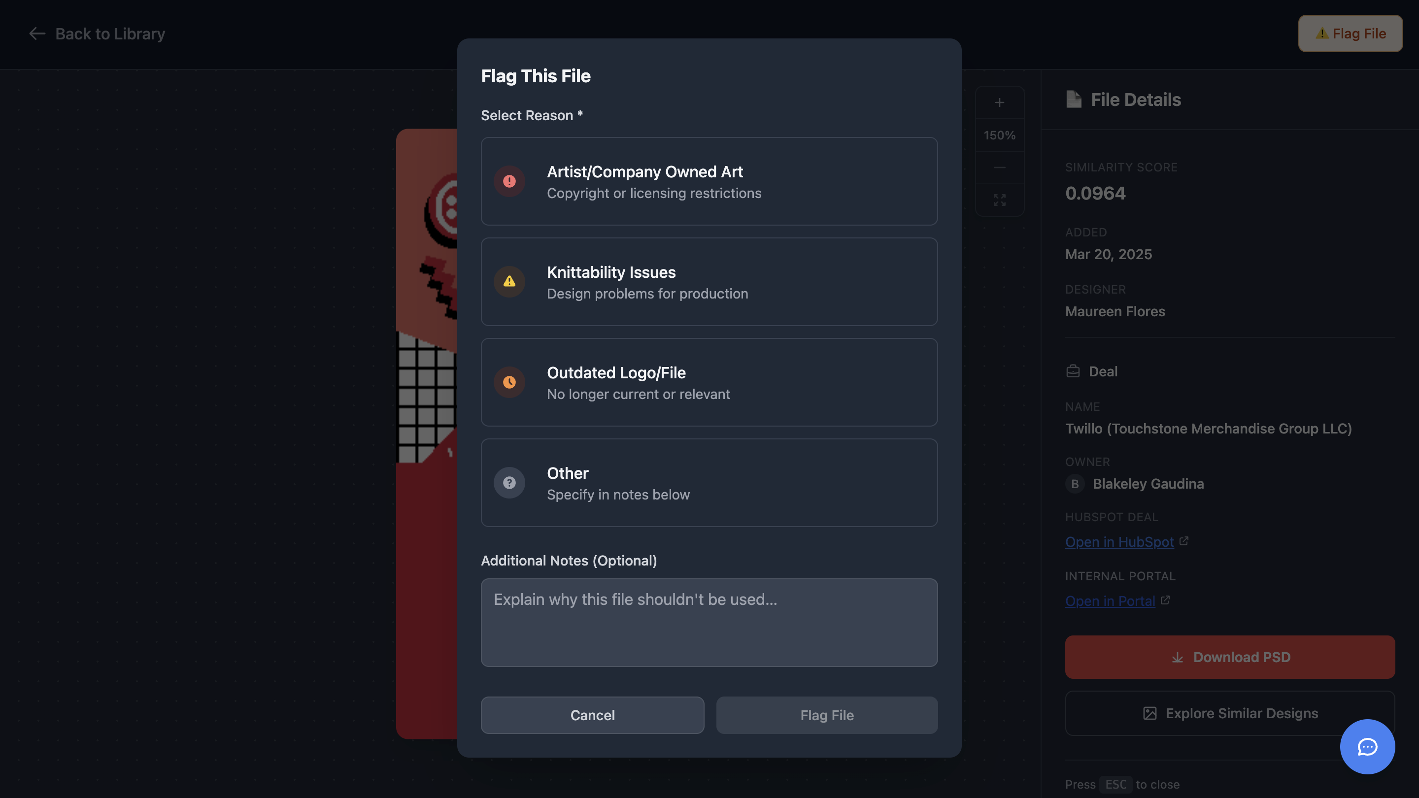 Asset flagging system interface showing predefined flagging reasons